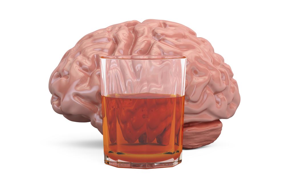 Brain and glass with alcohol drink